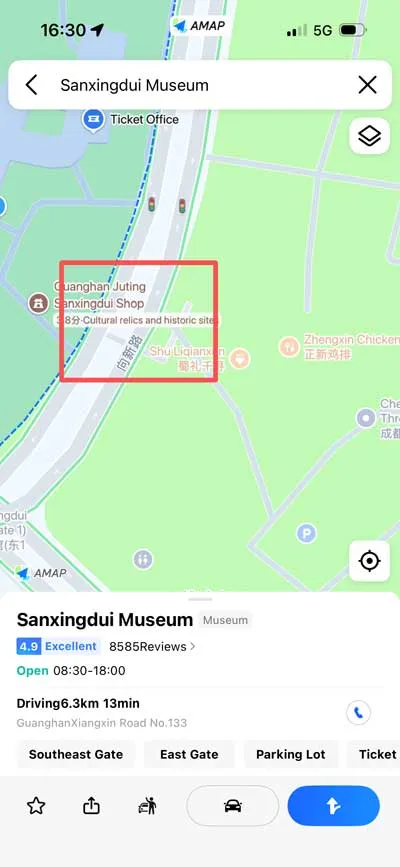 Amap 3D view: underground passage at Sanxingdui parking lot (highlighted)