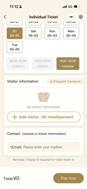 The WeChat Mini Program still shows evening tickets available during the 2026 May Day holiday period.